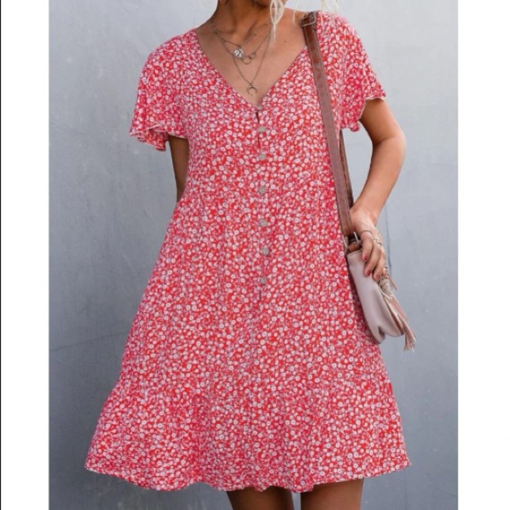 Boho pink  floral print v neck ruffle button detail mini dress